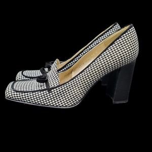 Vintage Sacha London Square Toe Women Block Heel SZ 7.5 Black White Houndstooth